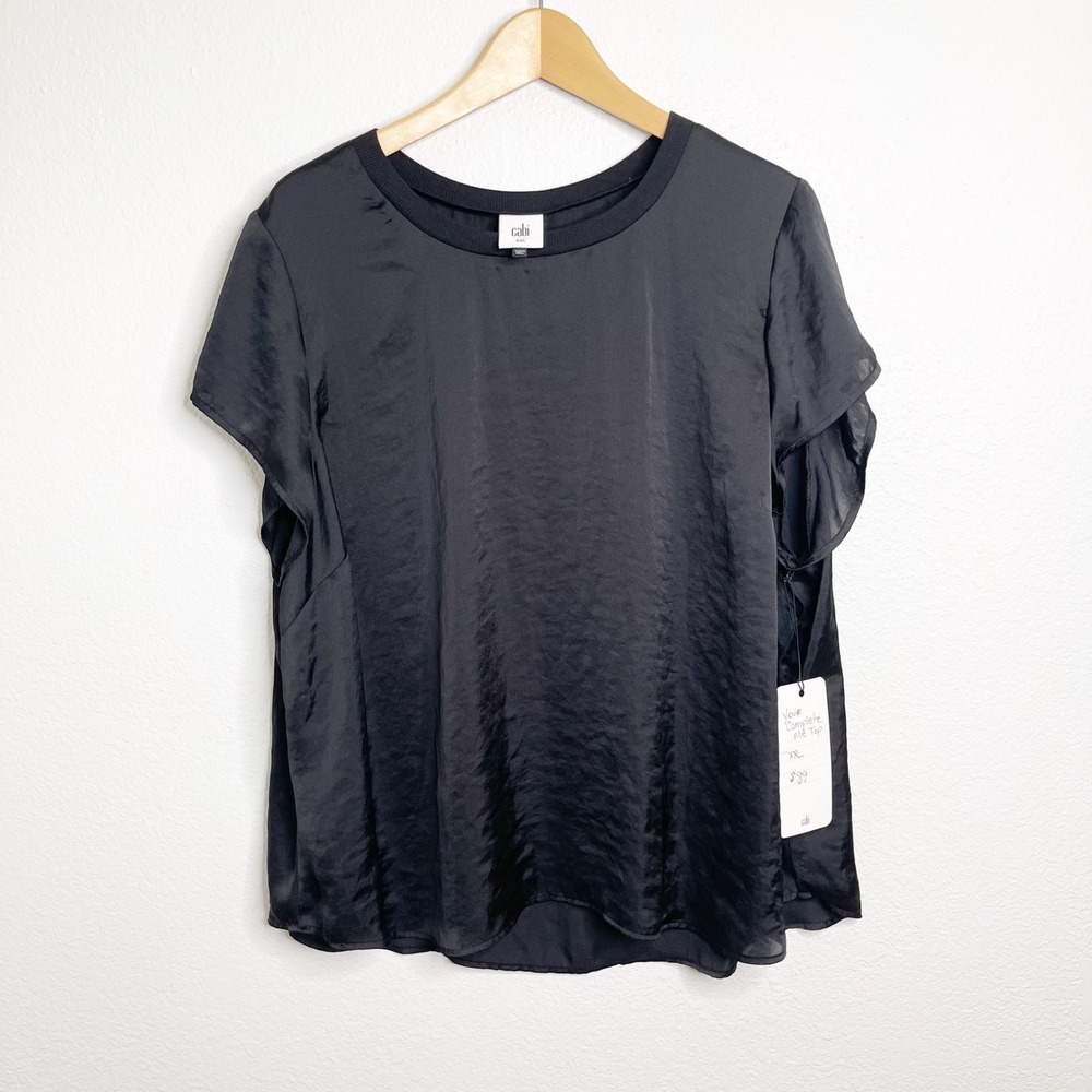 Cabi Black Your Complete Me Top 6509 Satin Short Sleeve Blouse XXL NEW